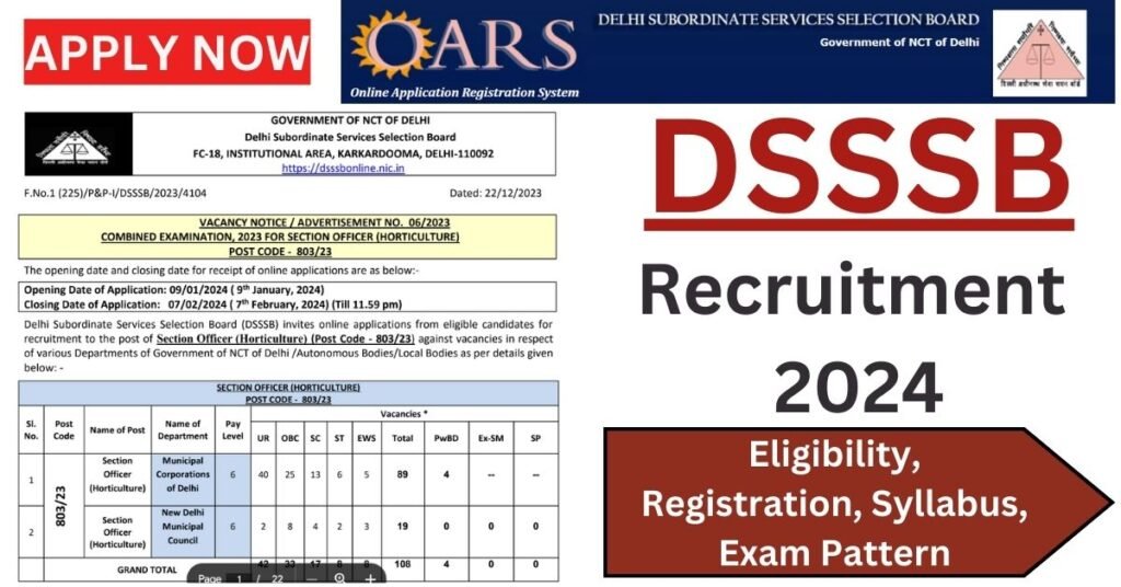 Dsssb Recruitment Apply For Section Officer Posts