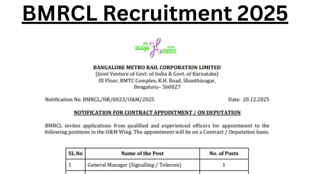 BMRCL Recruitment 2025 Apply Online For Deputy General Manager, General Manager Posts