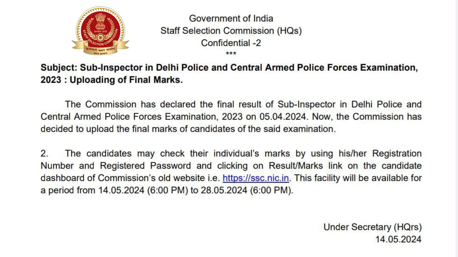 Sub-Inspector in Delhi Police and Central Armed Police Forces Examination 2023 Final Marks Released