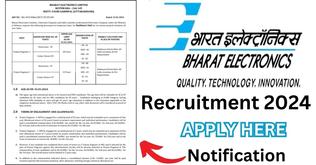 BEL Recruitment 2024 for Project Engineer and Technician Posts