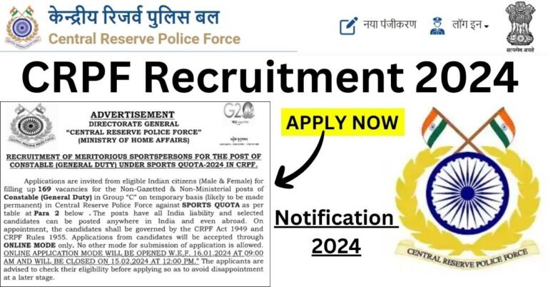 CRPF Recruitment 2024 for 169 Vacancies under Sports Quota Apply Now
