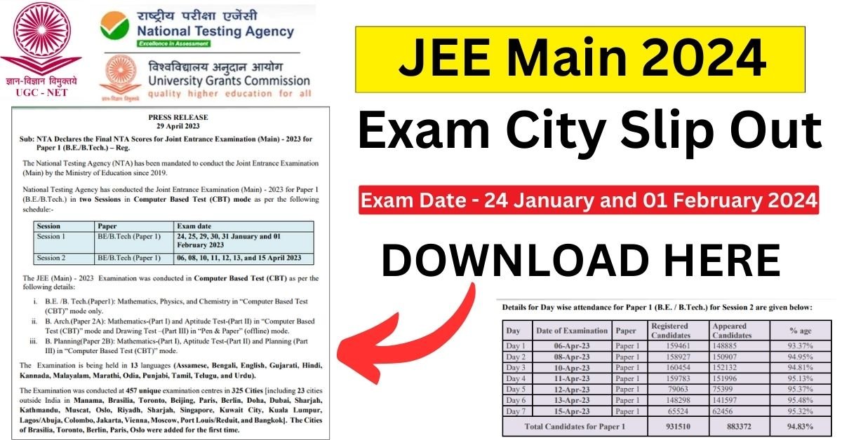 JEE Main 2024 Exam City Slip Out for at jeemain.nta.ac.in - download here