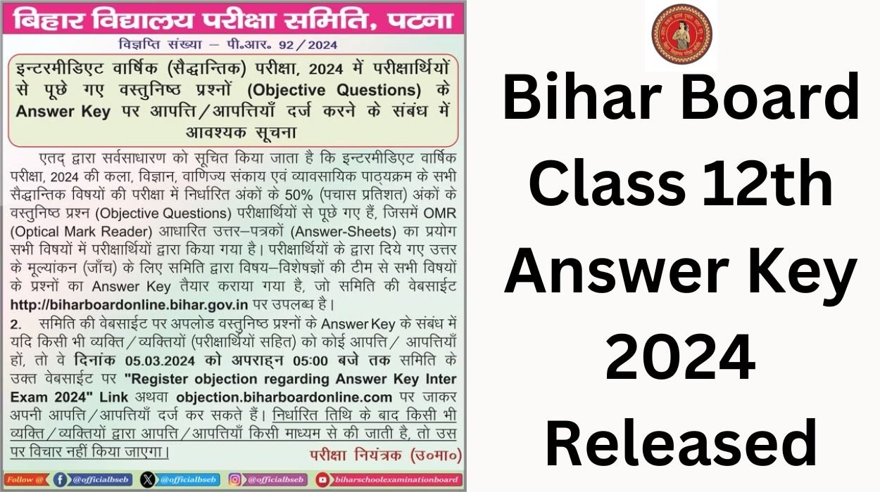 Bihar Board Class 12th Answer Key 2024 Released - Check Score, Last Date To Raise Objections
