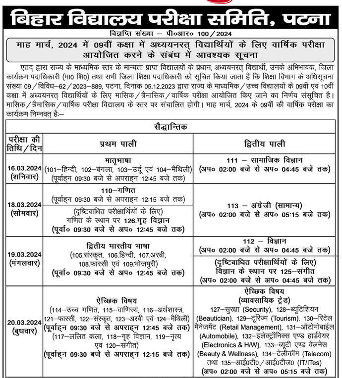 Bihar Board 9th Class Final Exam Time Table 
