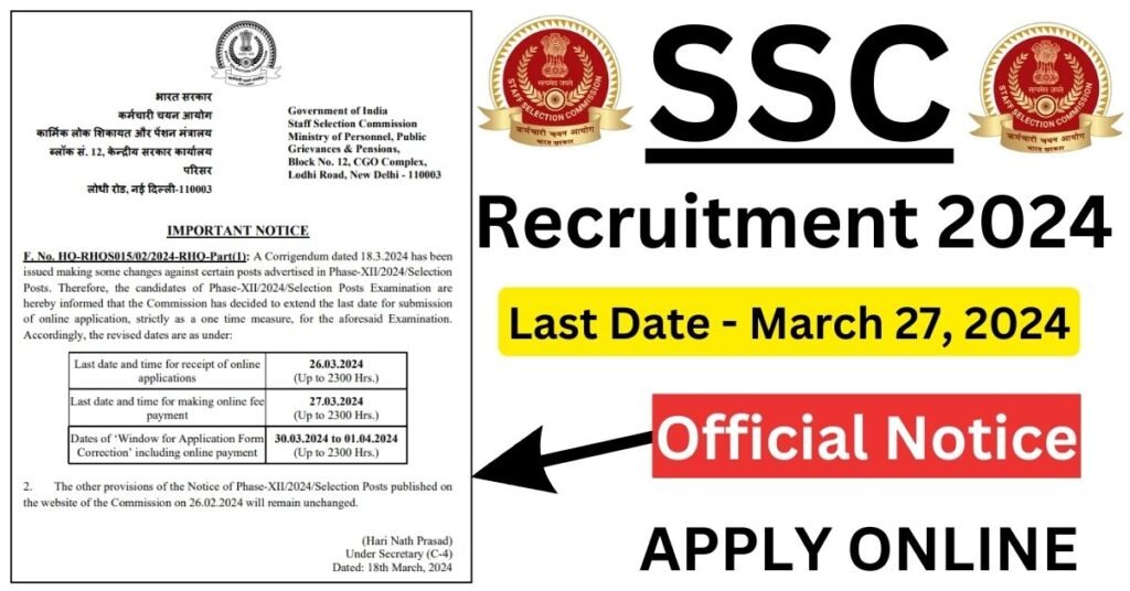 SSC Phase XII Recruitment 2024 Notification Out Apply Online For 2049 Posts