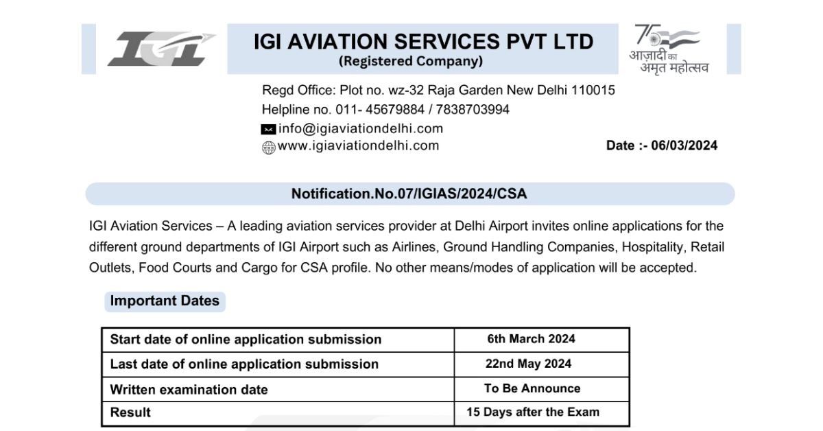 IGI Aviation Recruitment 2024 – Online Application For 1074 Airport Ground Staff Posts Notification Out
