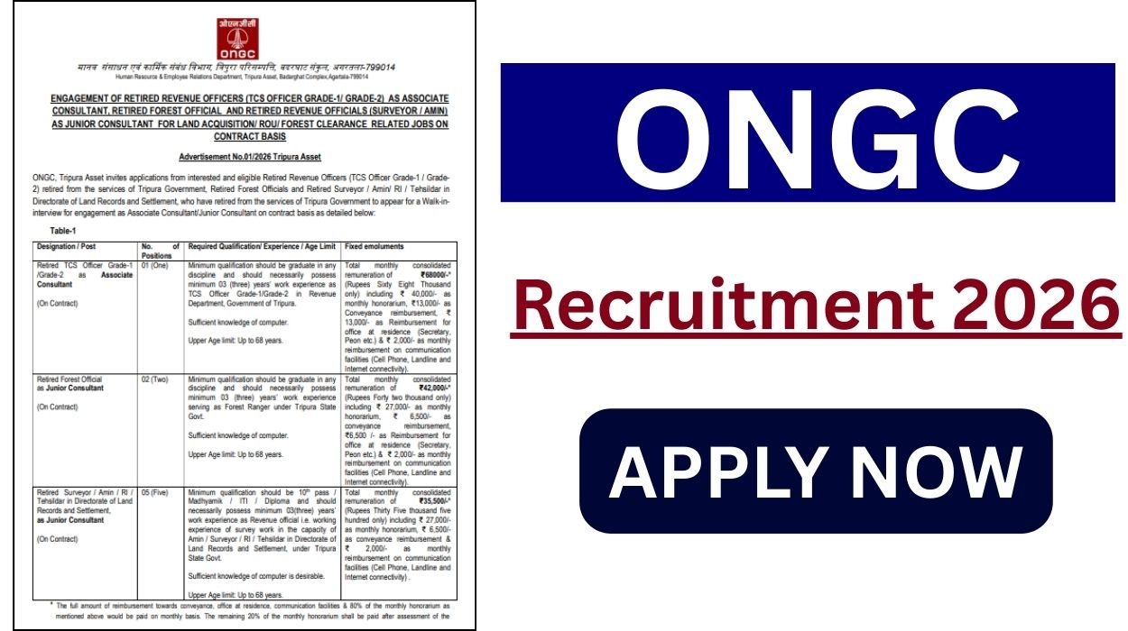 ONGC Recruitment 2026 – Apply for 08 Junior Consultant and Other Posts
