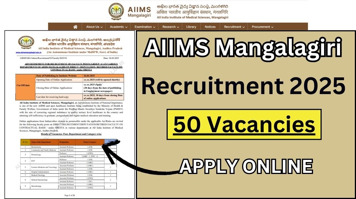 AIIMS Mangalagiri Recruitment 2025 for 50 Vacancies Apply Faculty Post