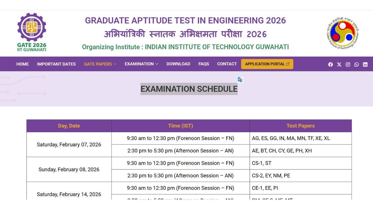 GATE 2026 Subject-Wise Schedule Released by IIT Guwahati - Exam Date Out
