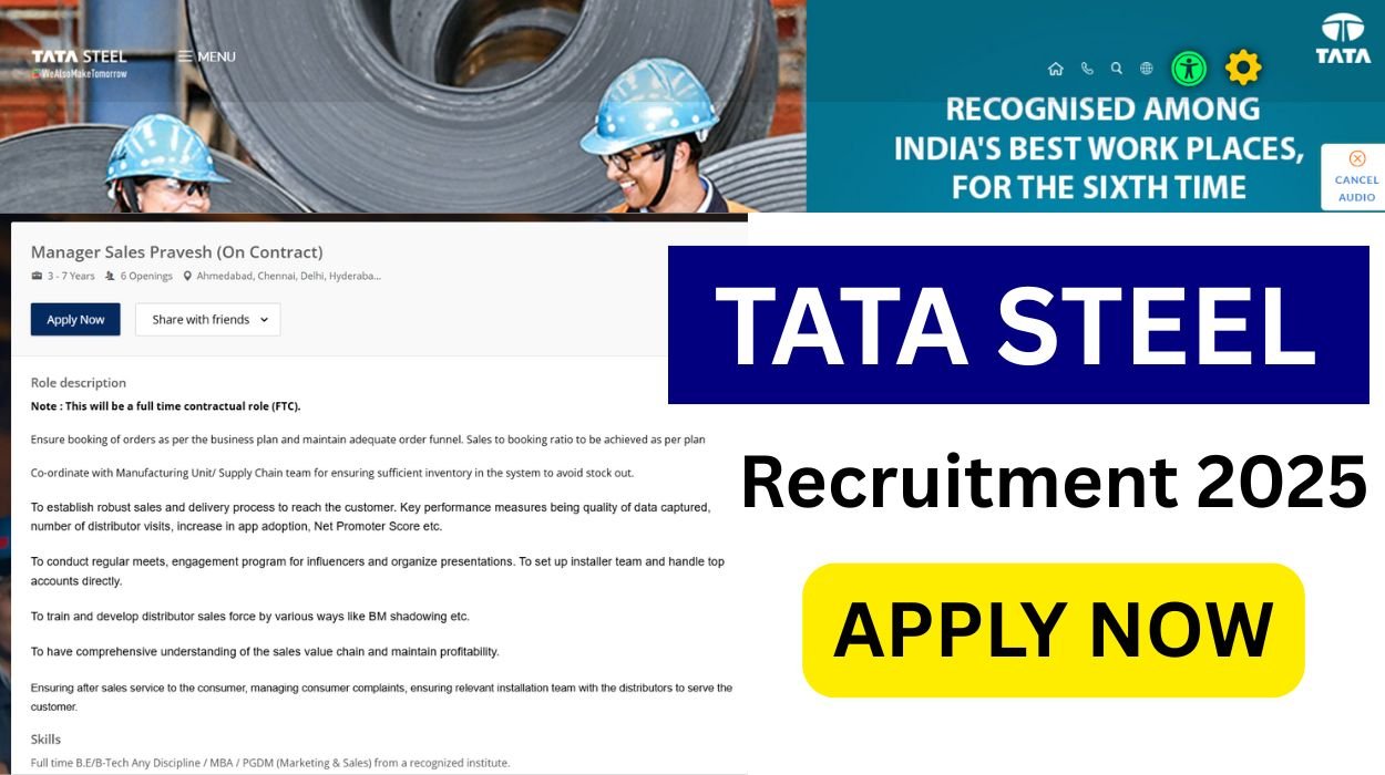 Tata Steel Recruitment 2025 - Careers at Tata Steel Manager Sales Pravesh