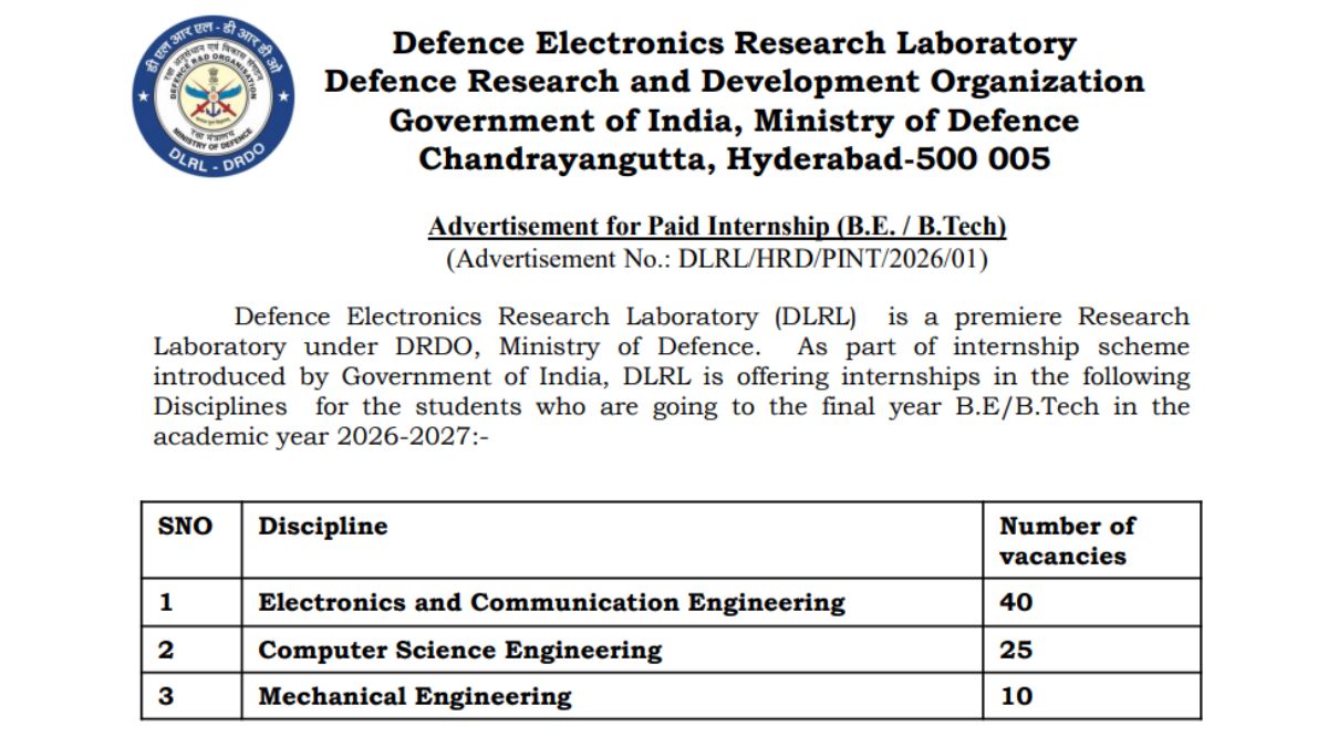 DRDO DLRL Recruitment 2026 for 75 Internship Posts Apply online
